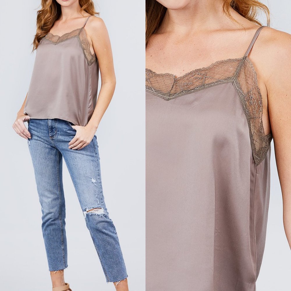Felicia's Mauve/Grey Taupe Lace Trim Silky Camisole, NWT, L